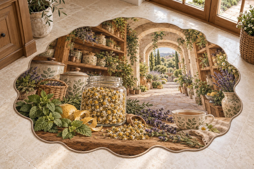 Herbal Tea Shelf Custom Shape Mat with dimensional printed themed artwork; representative AI-generated mockup.