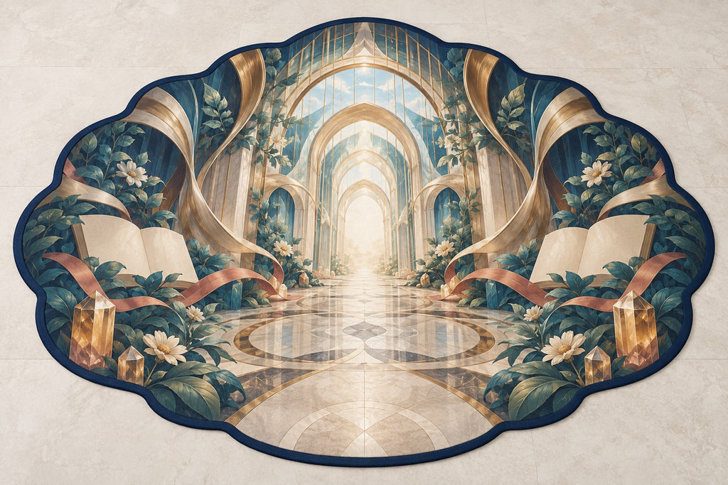 Resonant Harmony Conservatory Custom Shape Mat with dimensional printed themed artwork; representative AI-generated mockup.