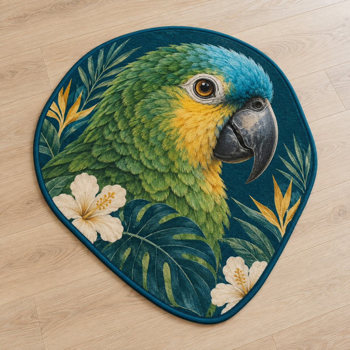 Parrot Companion Custom Shape Mat with dimensional printed themed artwork; representative AI-generated mockup.