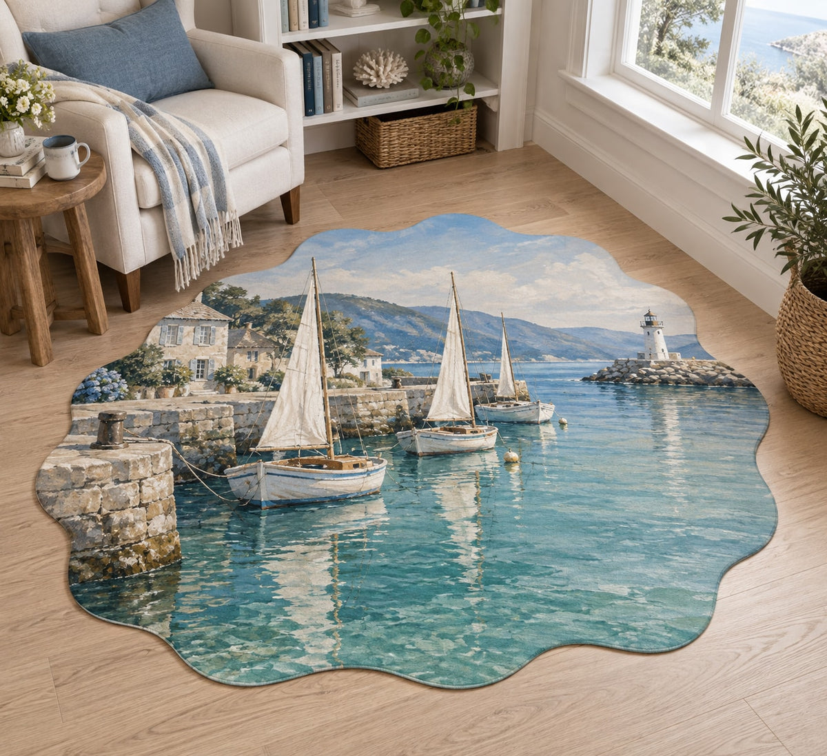 Sailboat Harbor Custom Shape Mat with dimensional printed themed artwork; representative AI-generated mockup.