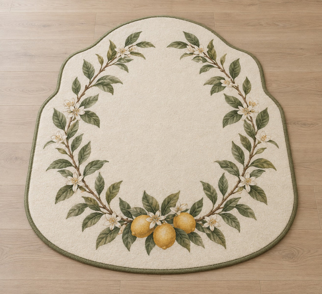 Citrus Garden Wedding Wreath Custom Shape Mat with dimensional printed themed artwork; representative AI-generated mockup.