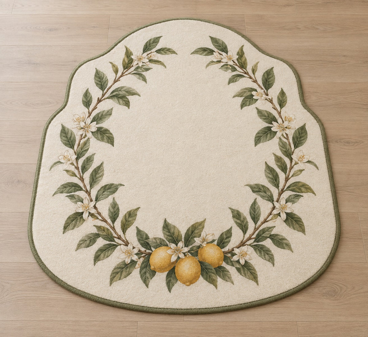 Citrus Garden Wedding Wreath Custom Shape Mat with dimensional printed themed artwork; representative AI-generated mockup.