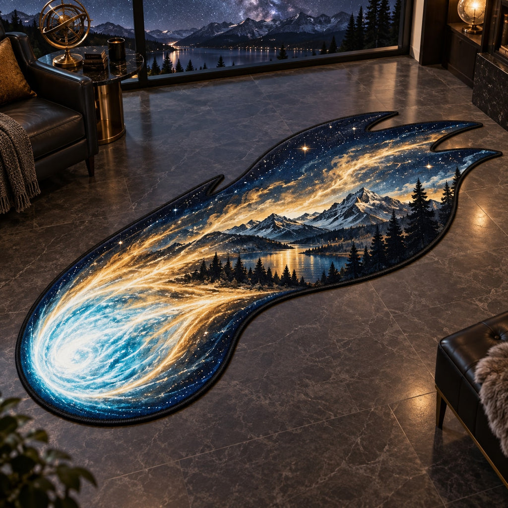 Comet Trail Custom Shape Mat with dimensional printed themed artwork; representative AI-generated mockup.