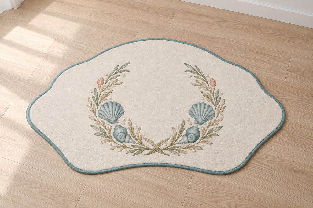 Coastal Shell Wedding Custom Shape Mat with dimensional printed themed artwork; representative AI-generated mockup.