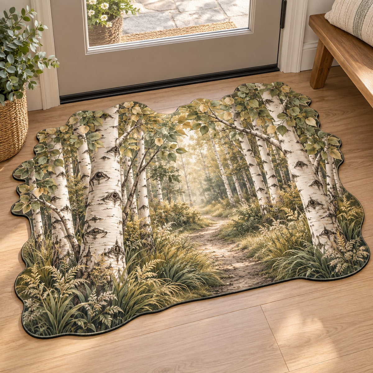 Birch Grove Custom Shape Mat with dimensional printed themed artwork; representative AI-generated mockup.