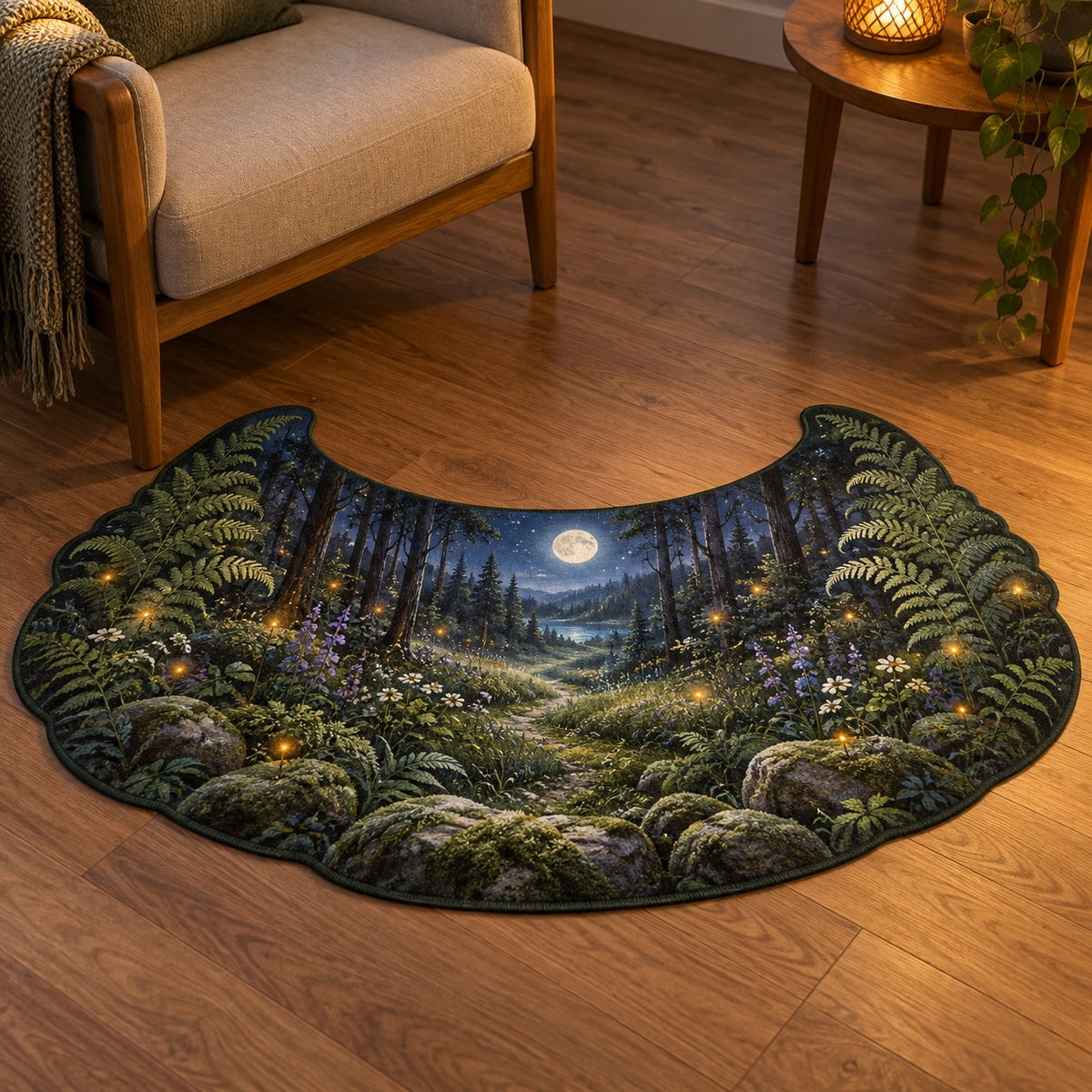 Firefly Clearing Custom Shape Mat with dimensional printed themed artwork; representative AI-generated mockup.