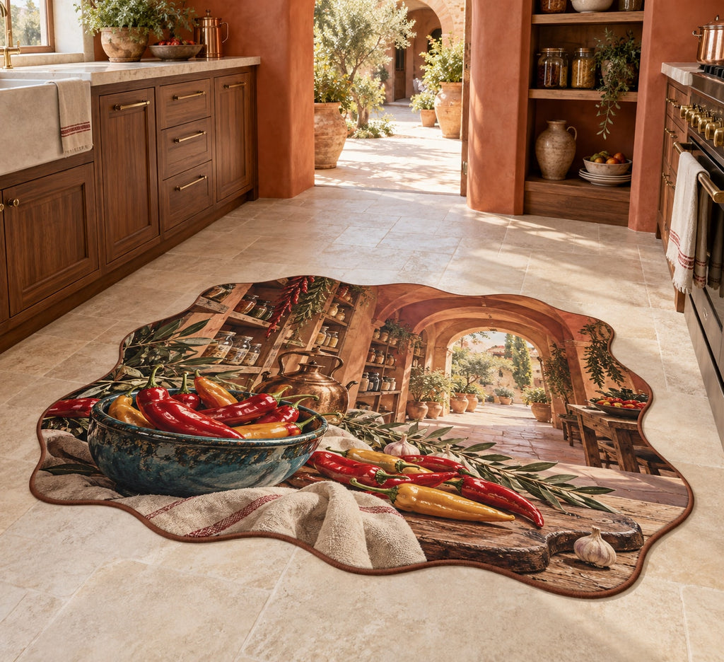 Chili Pepper Kitchen Custom Shape Mat with dimensional printed themed artwork; representative AI-generated mockup.