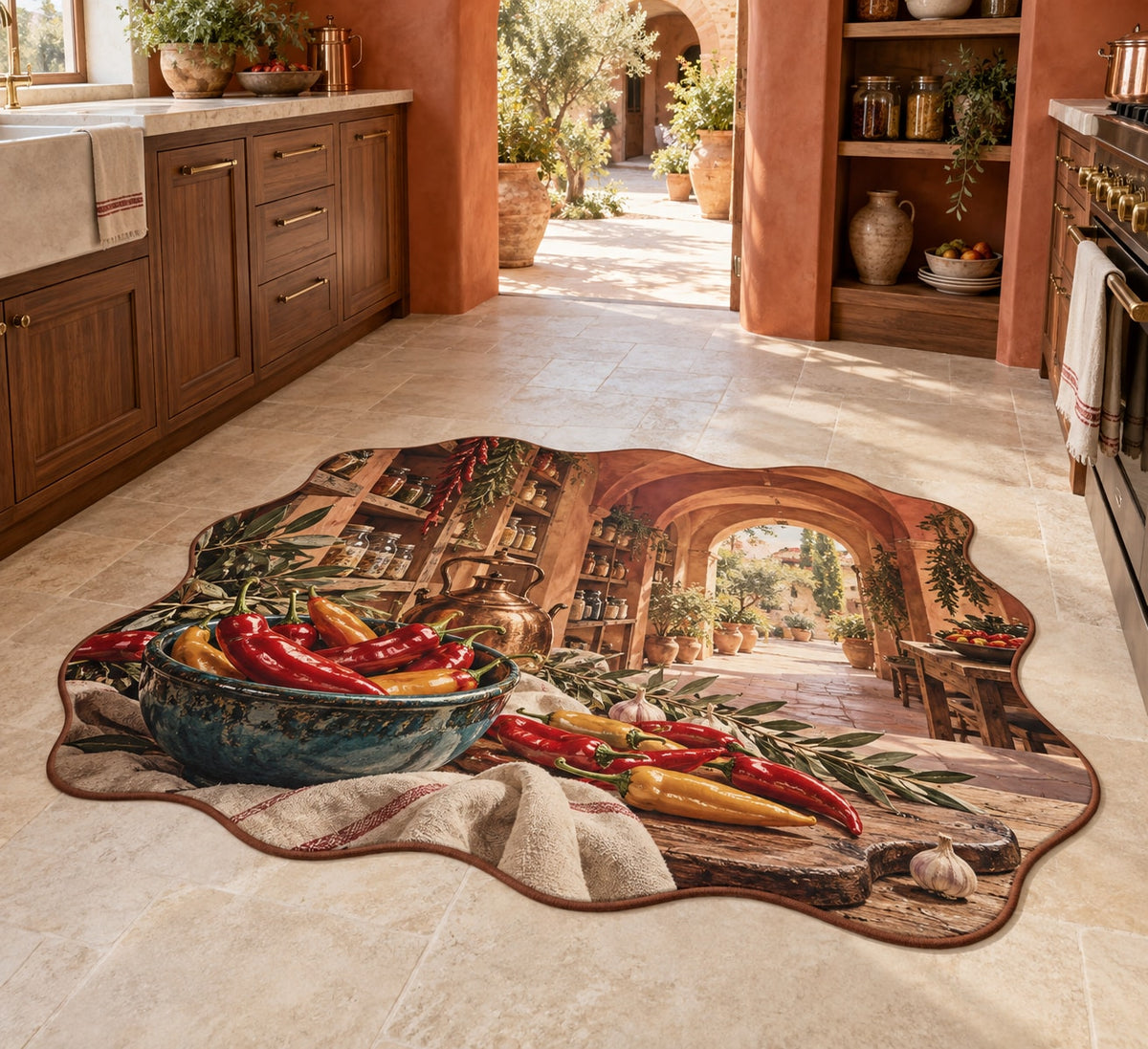 Chili Pepper Kitchen Custom Shape Mat with dimensional printed themed artwork; representative AI-generated mockup.