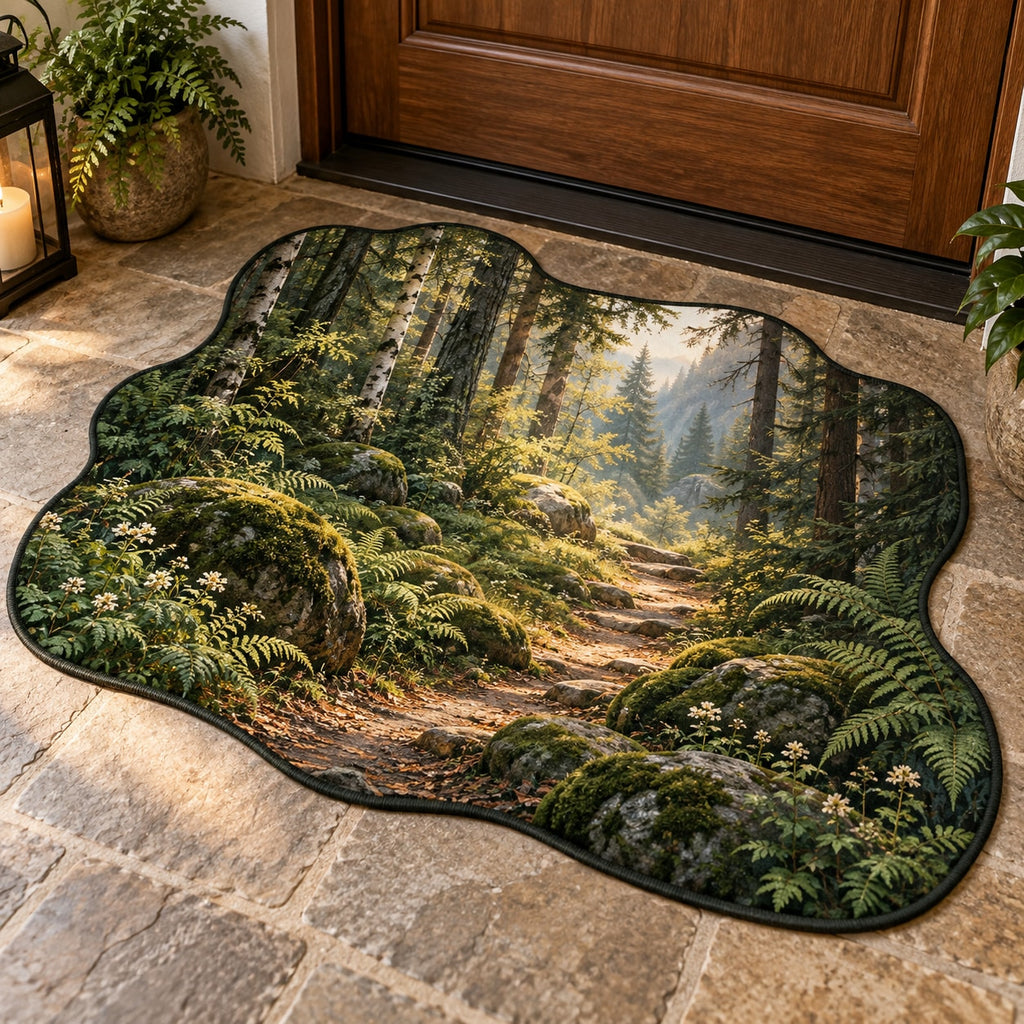 Forest Path Custom Shape Mat with dimensional printed themed artwork; representative AI-generated mockup.