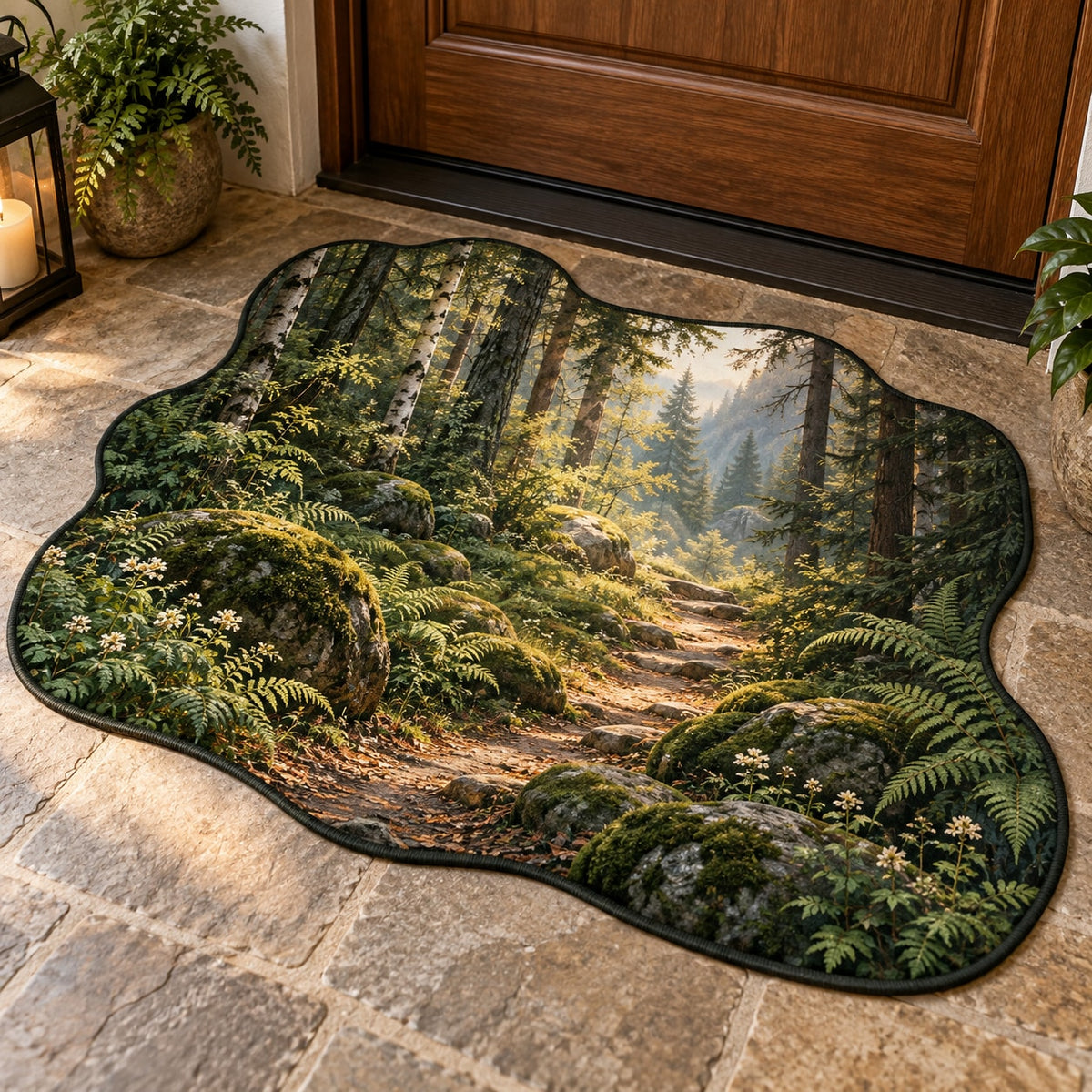 Forest Path Custom Shape Mat with dimensional printed themed artwork; representative AI-generated mockup.