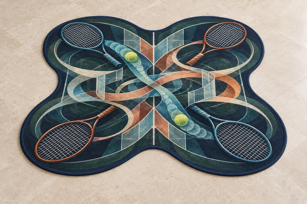Doubles Rally Labyrinth Custom Shape Mat with dimensional printed themed artwork; representative AI-generated mockup.