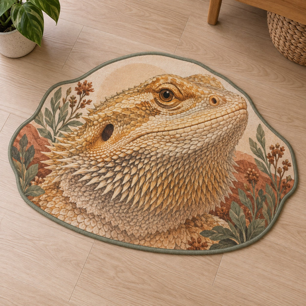 Bearded Dragon Companion Custom Shape Mat with dimensional printed themed artwork; representative AI-generated mockup.