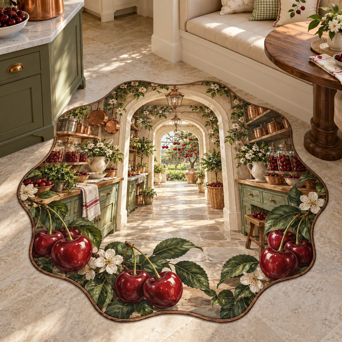 Cherry Kitchen Custom Shape Mat with dimensional printed themed artwork; representative AI-generated mockup.