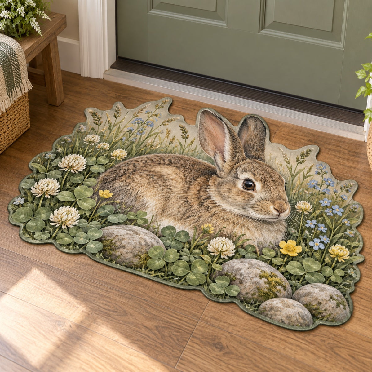 Rabbit Meadow Custom Shape Mat with dimensional printed themed artwork; representative AI-generated mockup.