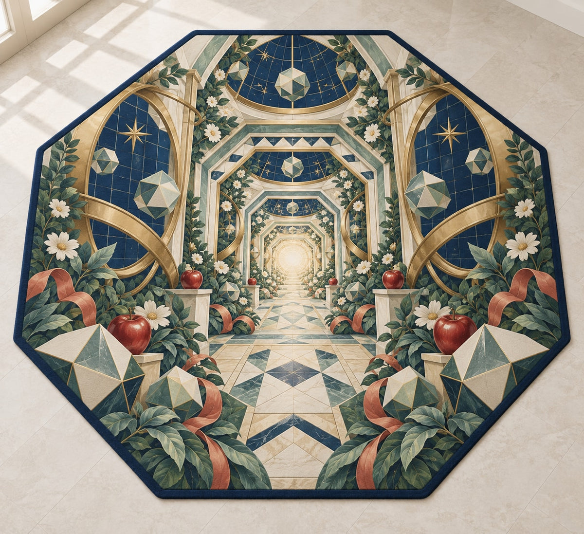 Geometric Wonder Observatory Custom Shape Mat with dimensional printed themed artwork; representative AI-generated mockup.