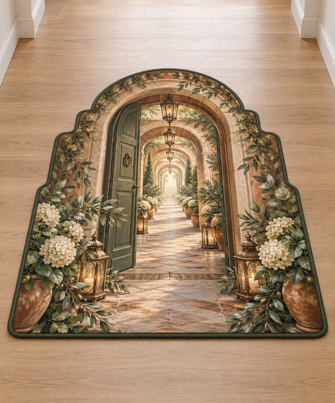 Housewarming Lantern Portal Custom Shape Mat with dimensional printed themed artwork; representative AI-generated mockup.
