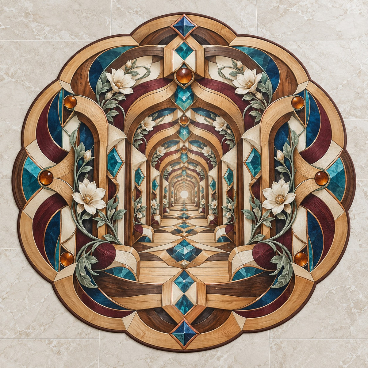 Timber Joinery Atrium Custom Shape Mat with dimensional printed themed artwork; representative AI-generated mockup.