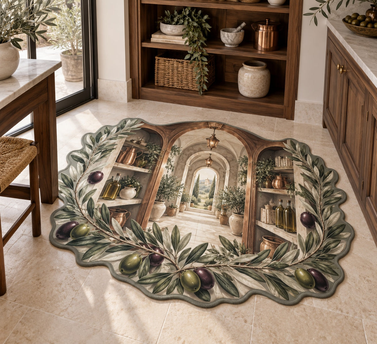Olive Branch Pantry Custom Shape Mat with dimensional printed themed artwork; representative AI-generated mockup.
