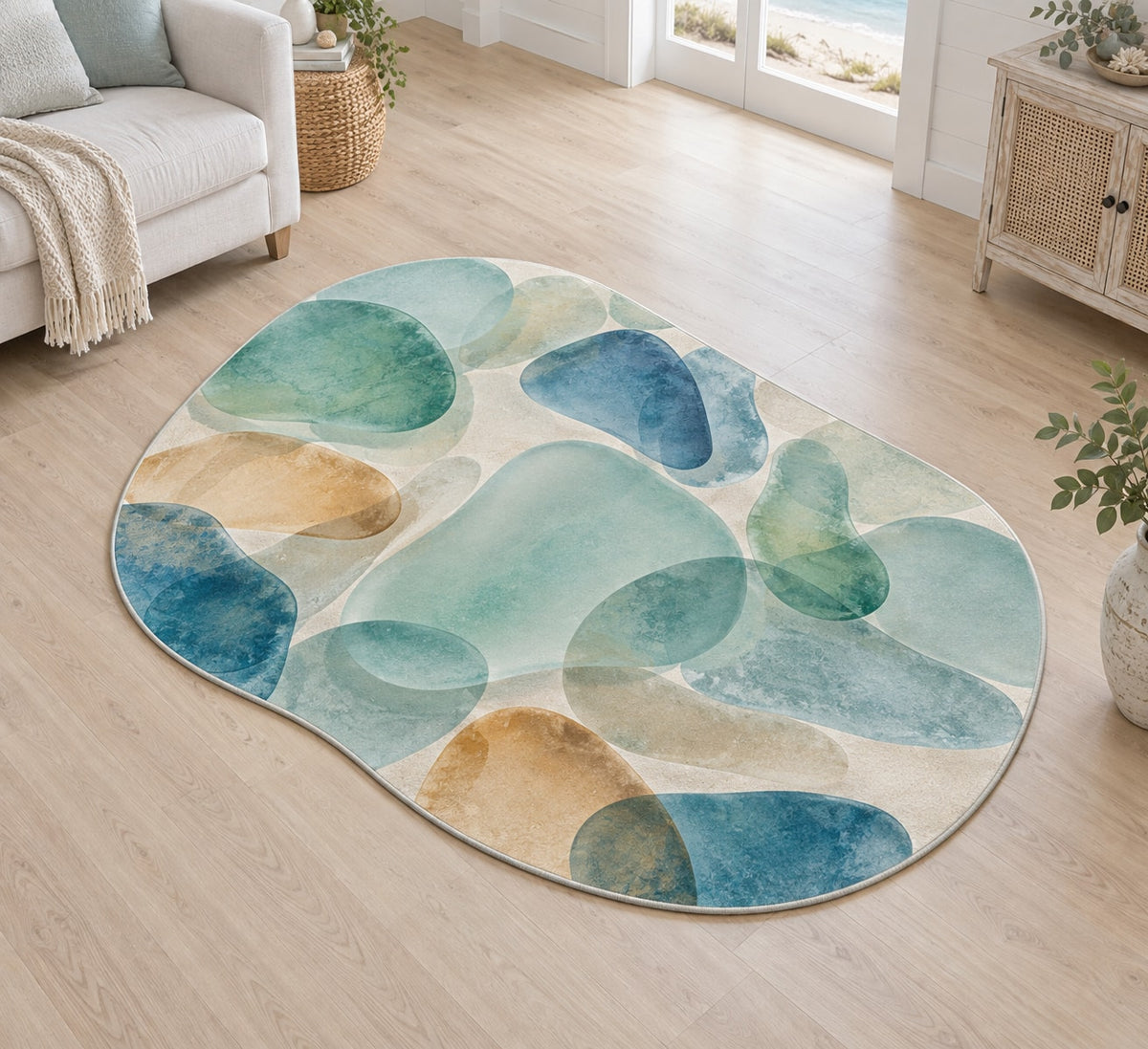 Sea Glass Shapes Custom Shape Mat with dimensional printed themed artwork; representative AI-generated mockup.