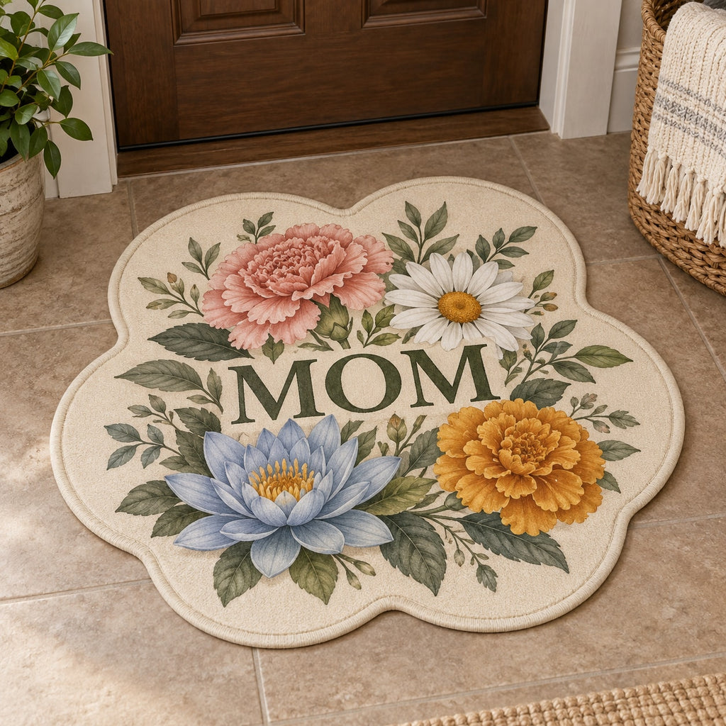 Mother Family Birth Flowers Custom Shape Mat with dimensional printed themed artwork; representative AI-generated mockup.