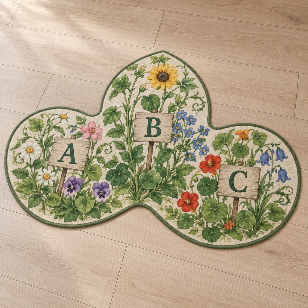 Alphabet Garden Custom Shape Mat with dimensional printed themed artwork; representative AI-generated mockup.