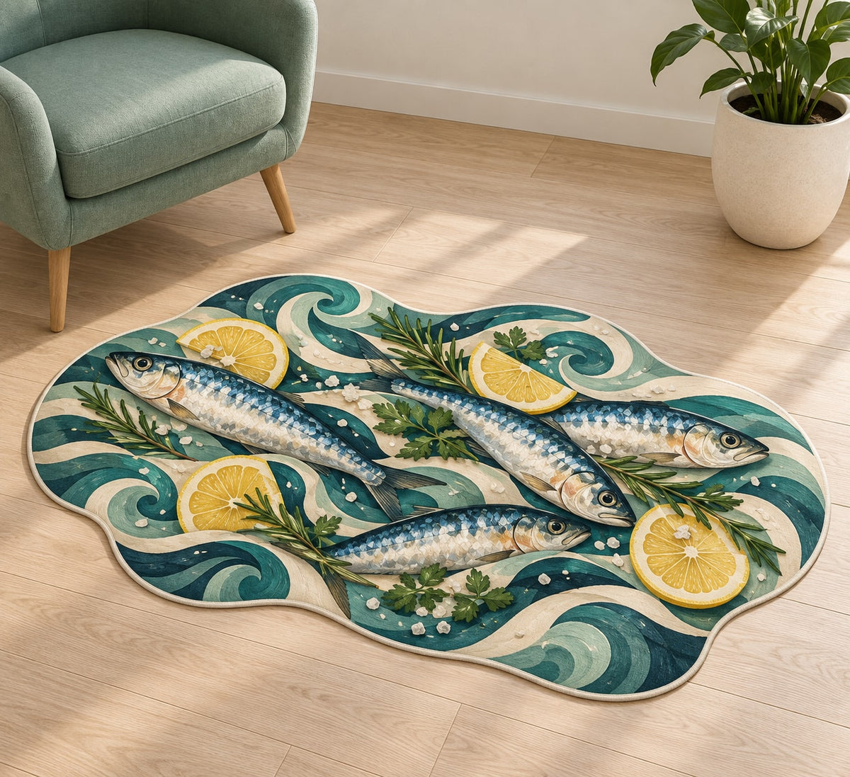 Sardine Tin Illustration Custom Shape Mat with dimensional printed themed artwork; representative AI-generated mockup.