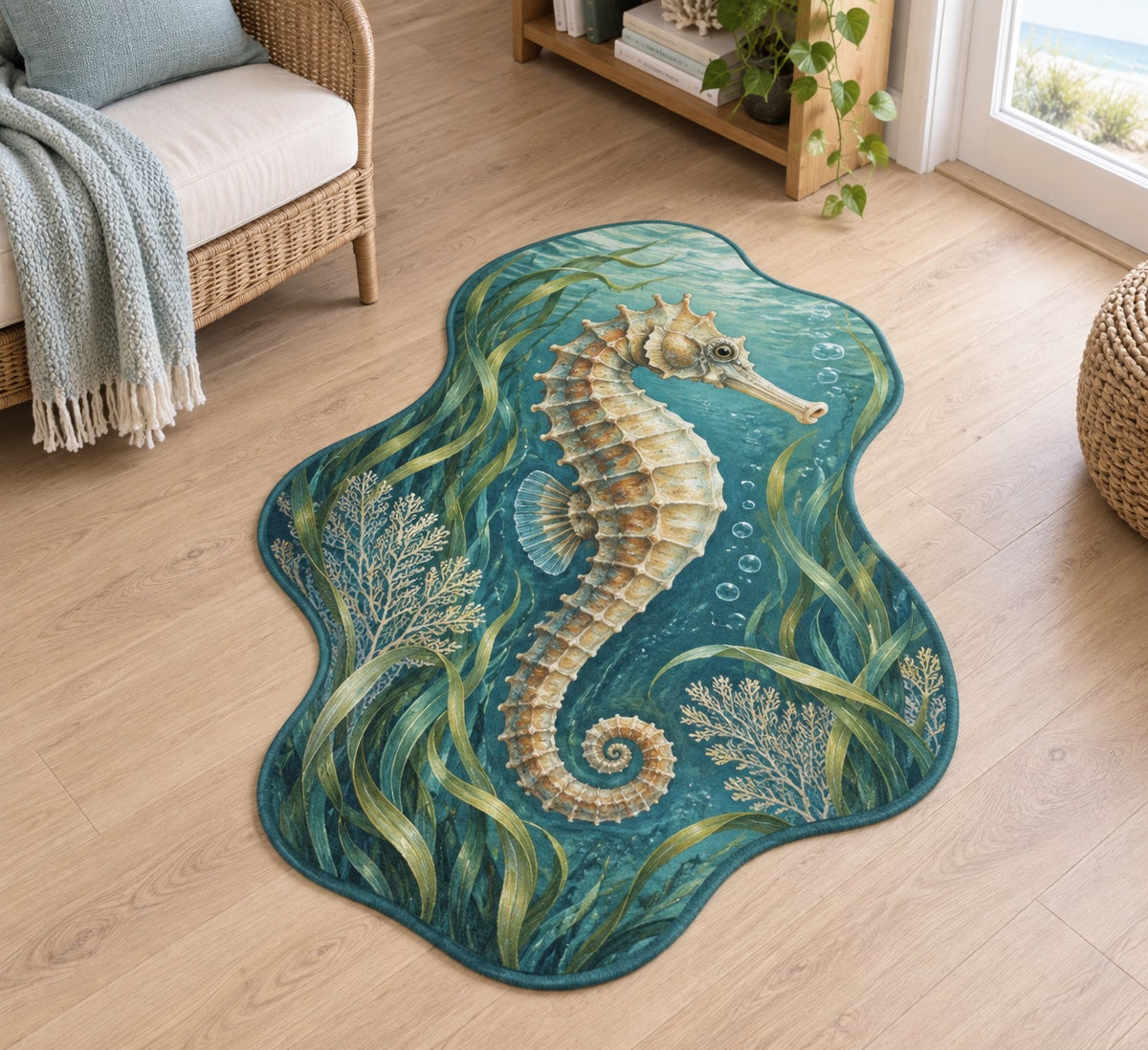 Seahorse Sea Grass Custom Shape Mat with dimensional printed themed artwork; representative AI-generated mockup.