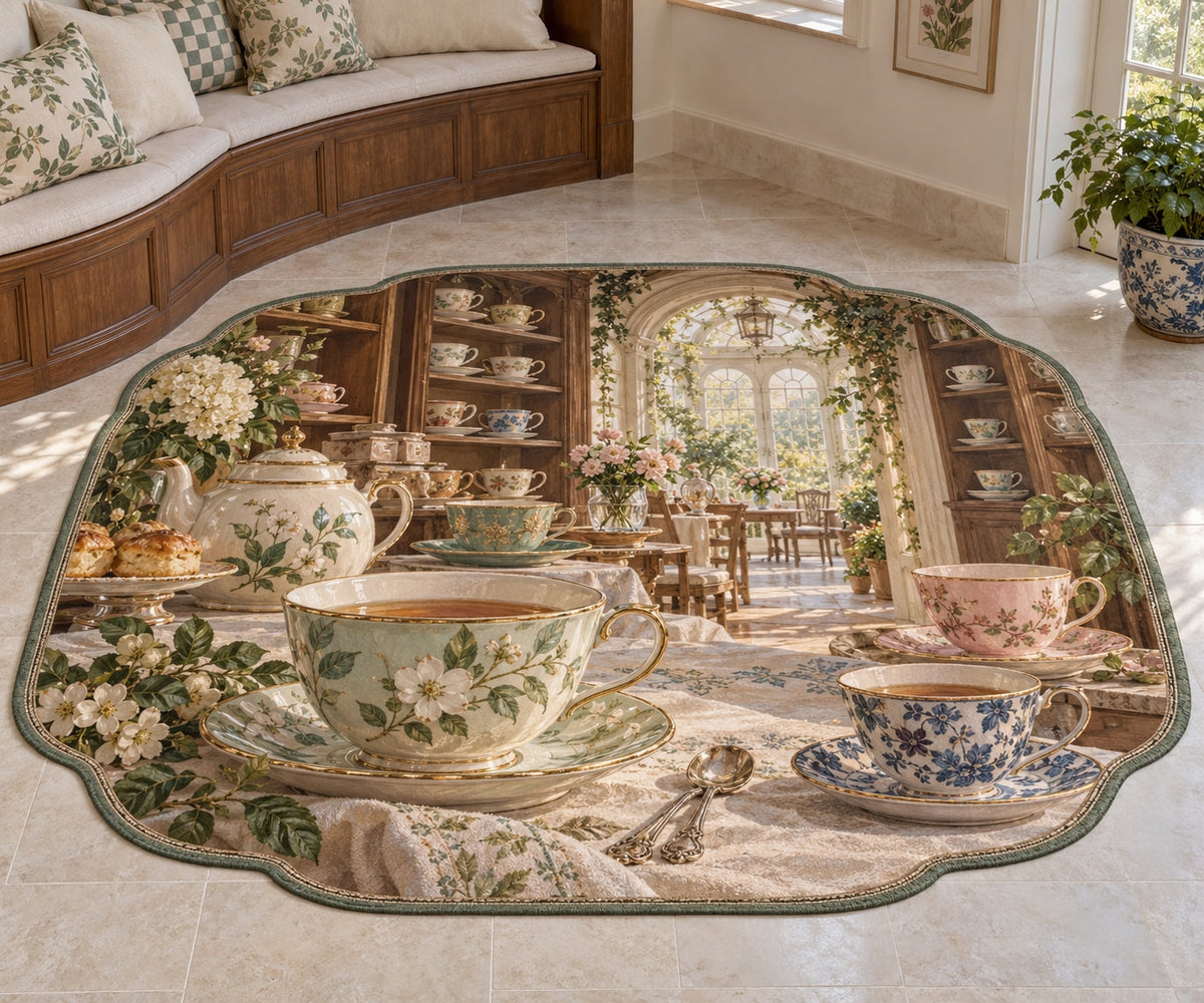 Tea Cup Collection Custom Shape Mat with dimensional printed themed artwork; representative AI-generated mockup.