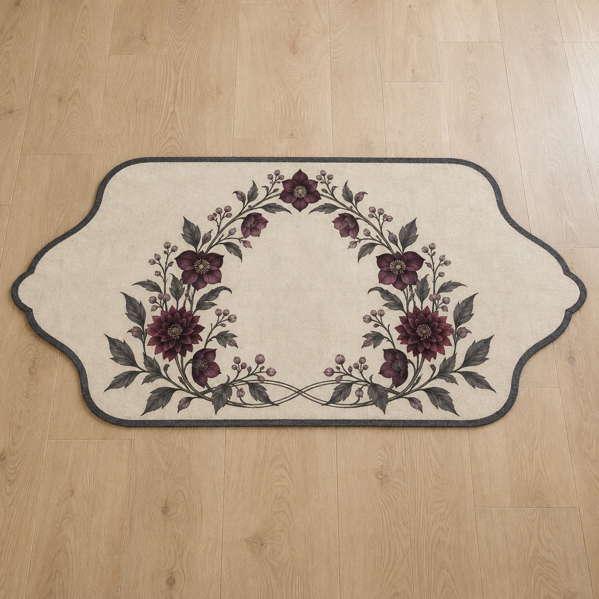 Gothic Botanical Wedding Custom Shape Mat with dimensional printed themed artwork; representative AI-generated mockup.