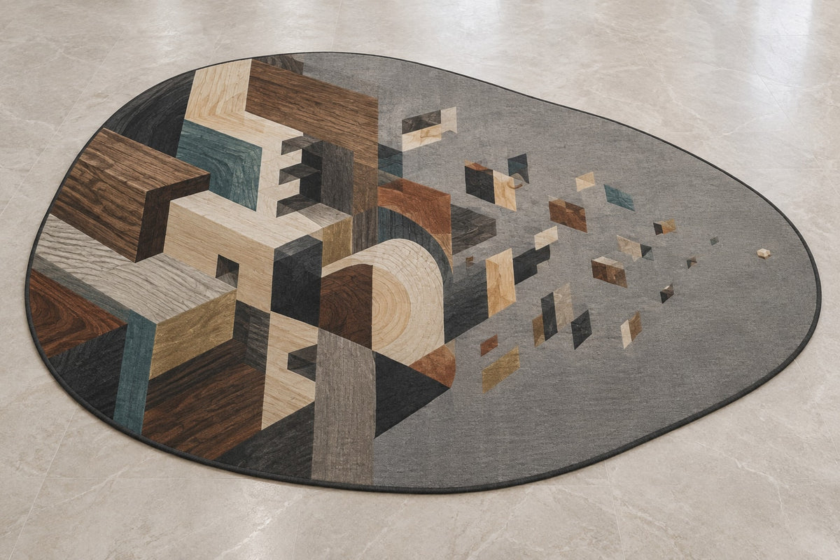 Joinery Strata Cascade Custom Shape Mat with dimensional printed themed artwork; representative AI-generated mockup.