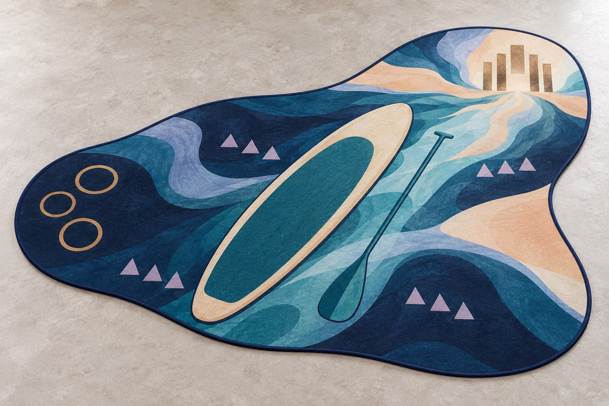 Stillwater Stance Prismwake Custom Shape Mat with dimensional printed themed artwork; representative AI-generated mockup.