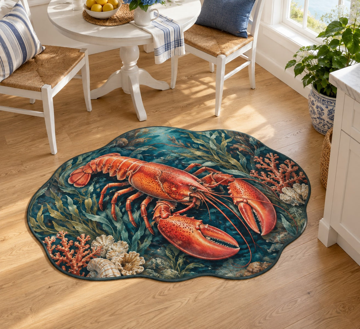 Lobster Coastal Kitchen Custom Shape Mat with dimensional printed themed artwork; representative AI-generated mockup.