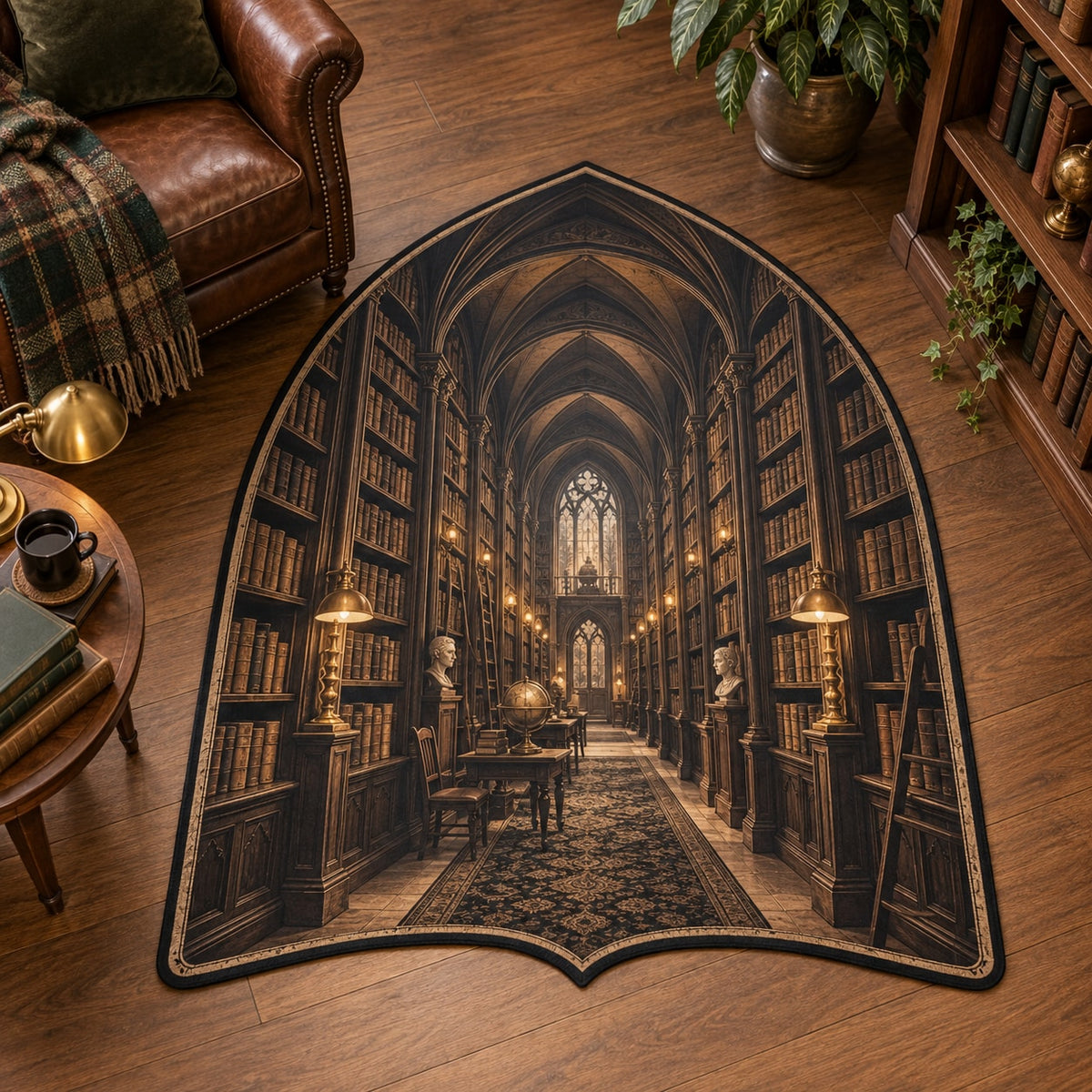 Dark Academia Library Custom Shape Mat with dimensional printed themed artwork; representative AI-generated mockup.