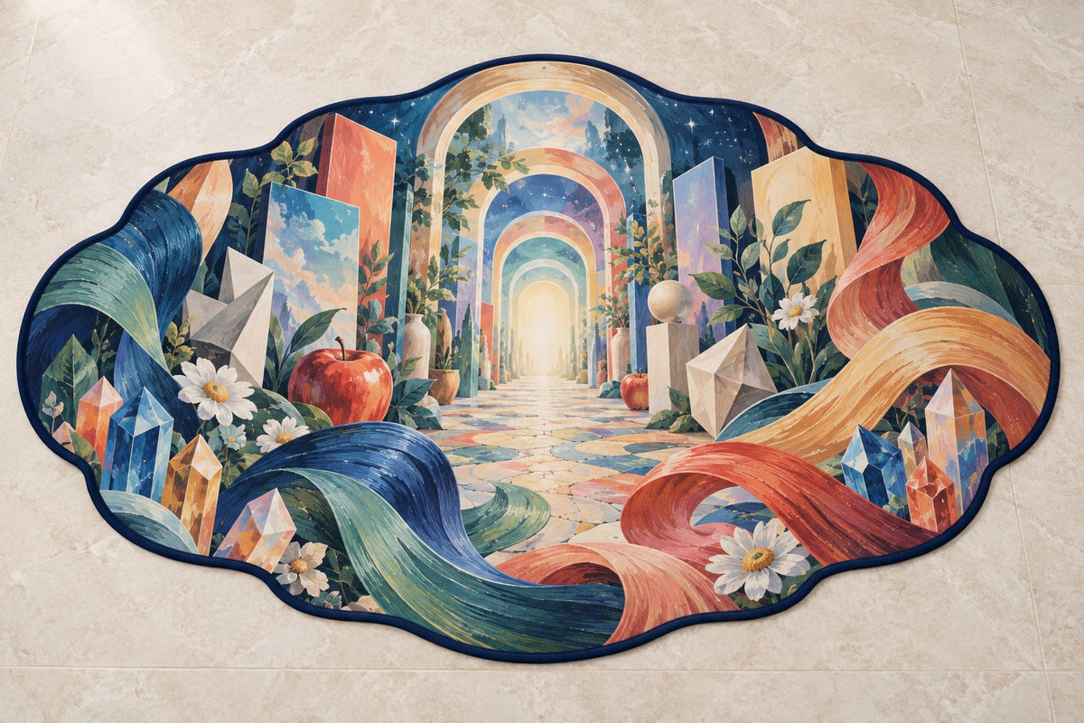 Chromatic Imagination Atelier Custom Shape Mat with dimensional printed themed artwork; representative AI-generated mockup.
