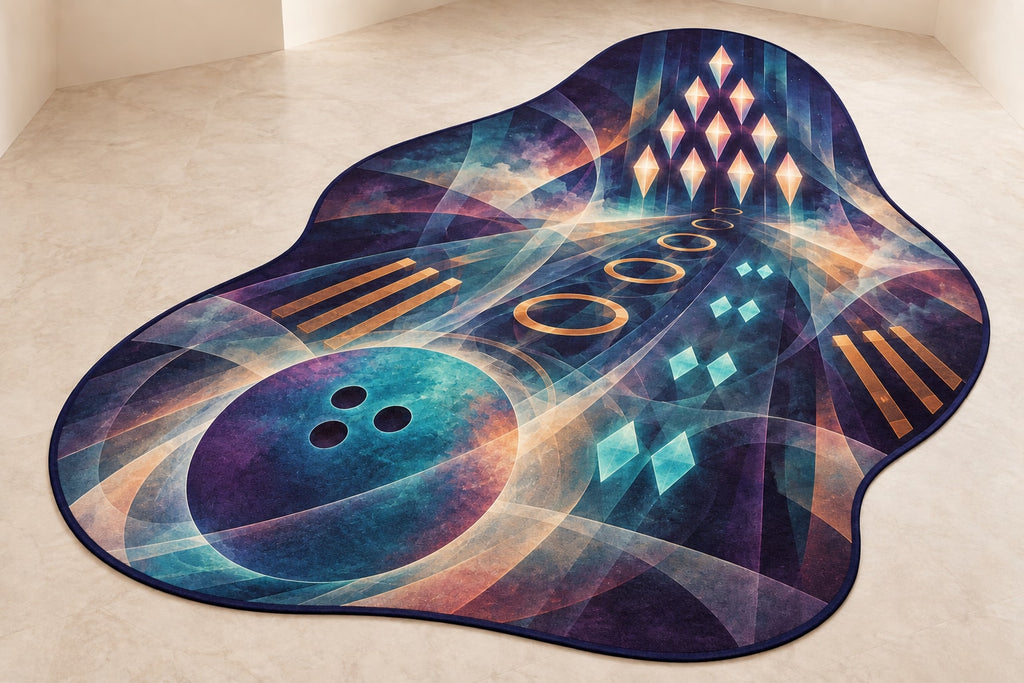 Tenpin Aurora Lattice Custom Shape Mat with dimensional printed themed artwork; representative AI-generated mockup.