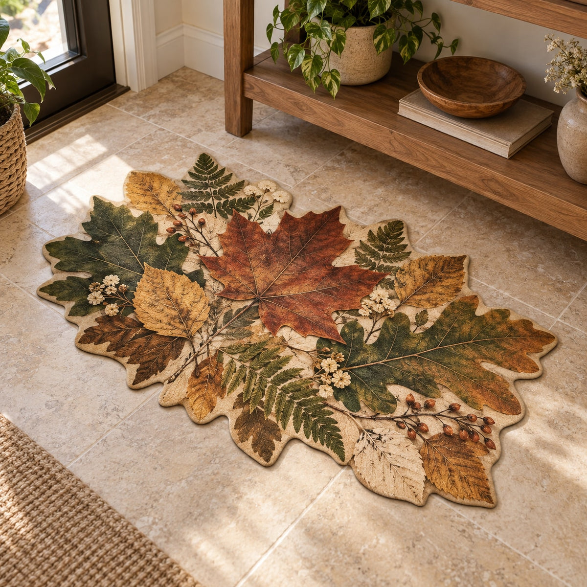 Pressed Woodland Leaves Custom Shape Mat with dimensional printed themed artwork; representative AI-generated mockup.