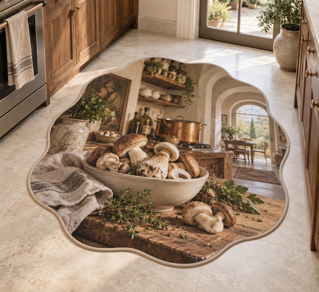 Mushroom Kitchen Study Custom Shape Mat with dimensional printed themed artwork; representative AI-generated mockup.