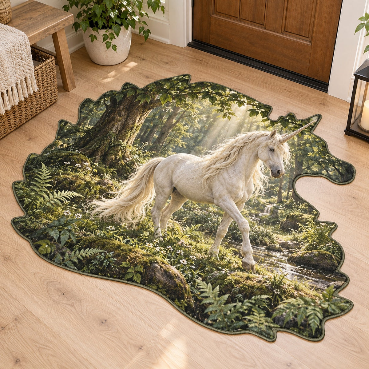 Unicorn Woodland Custom Shape Mat with dimensional printed themed artwork; representative AI-generated mockup.