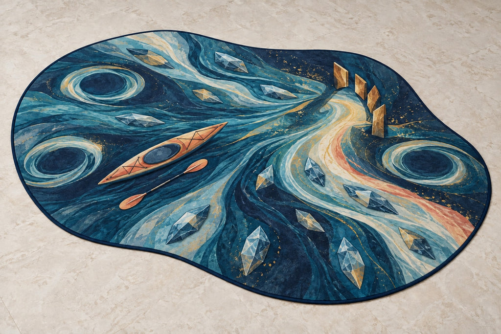 Riverglass Paddle Confluence Custom Shape Mat with dimensional printed themed artwork; representative AI-generated mockup.