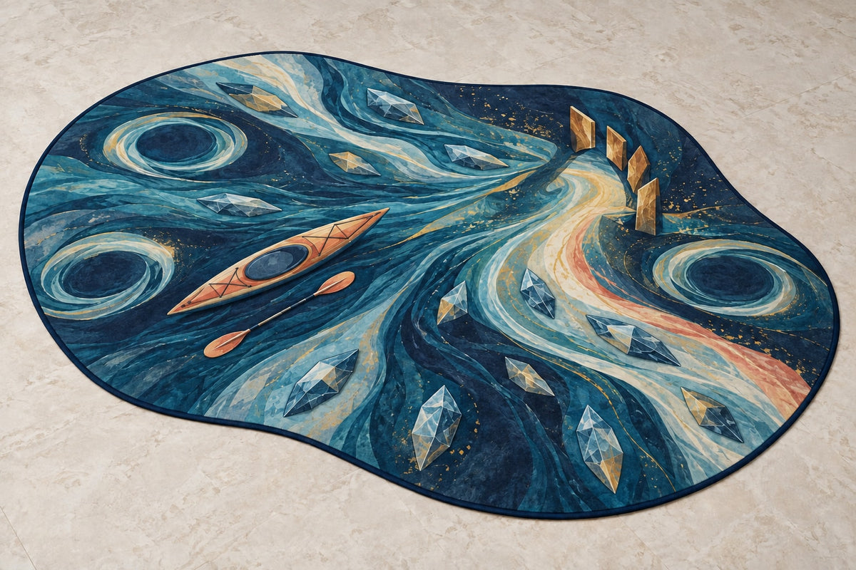 Riverglass Paddle Confluence Custom Shape Mat with dimensional printed themed artwork; representative AI-generated mockup.