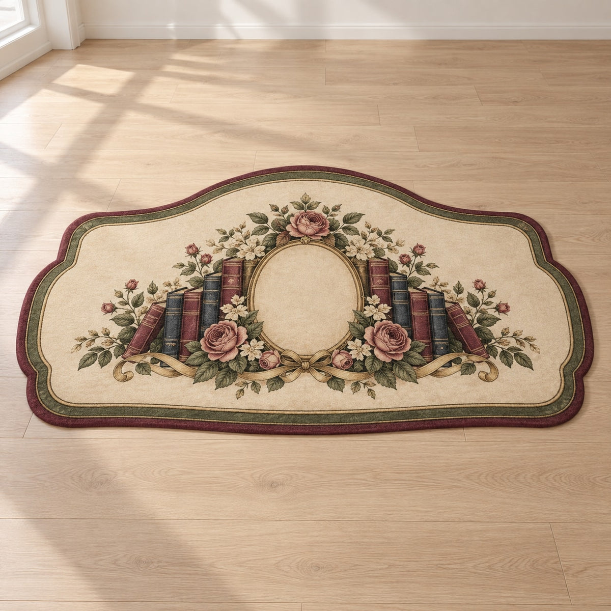 Antique Library Rose Custom Shape Mat with dimensional printed themed artwork; representative AI-generated mockup.