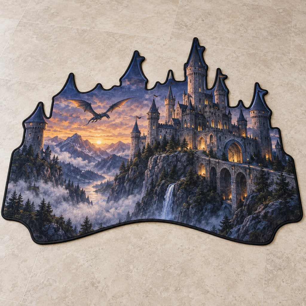 Dragon Castle Custom Shape Mat with dimensional printed themed artwork; representative AI-generated mockup.