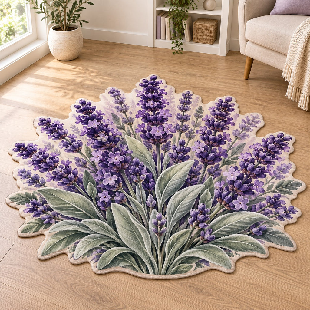 Lavender Sprigs Custom Shape Mat with dimensional printed themed artwork; representative AI-generated mockup.