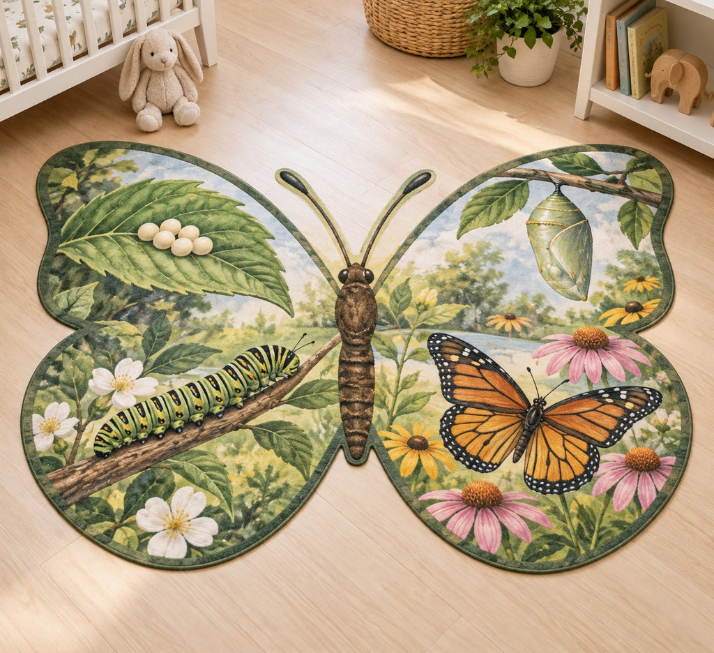 Butterfly Life Stages Custom Shape Mat with dimensional printed themed artwork; representative AI-generated mockup.