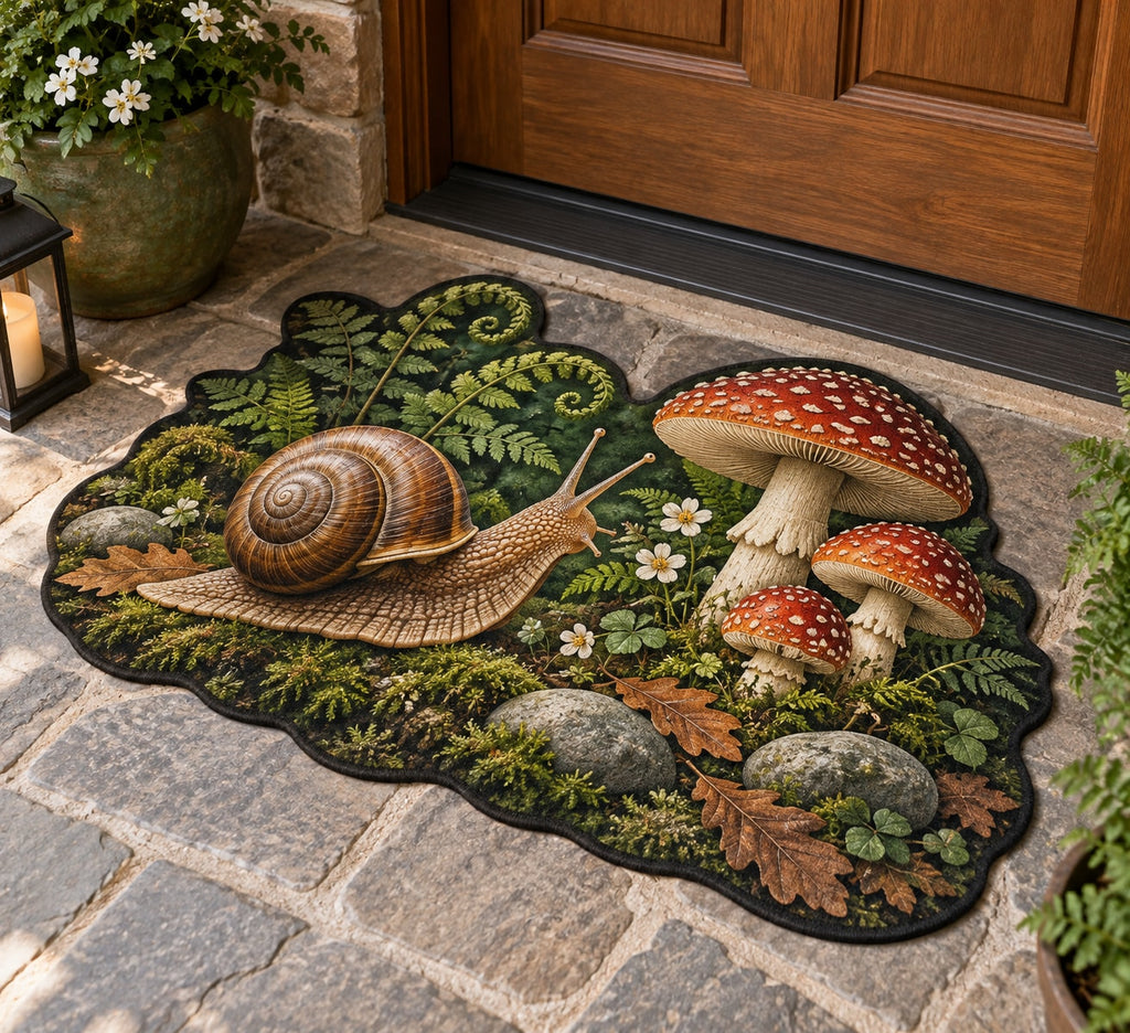 Snail and Toadstool Custom Shape Mat with dimensional printed themed artwork; representative AI-generated mockup.
