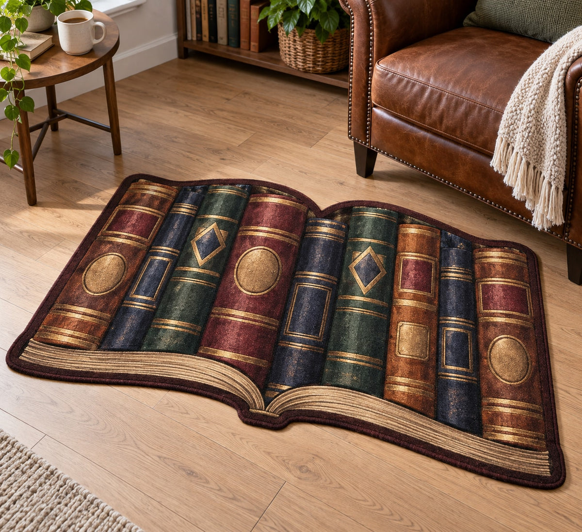 Anonymous Book Spines Custom Shape Mat with dimensional printed themed artwork; representative AI-generated mockup.