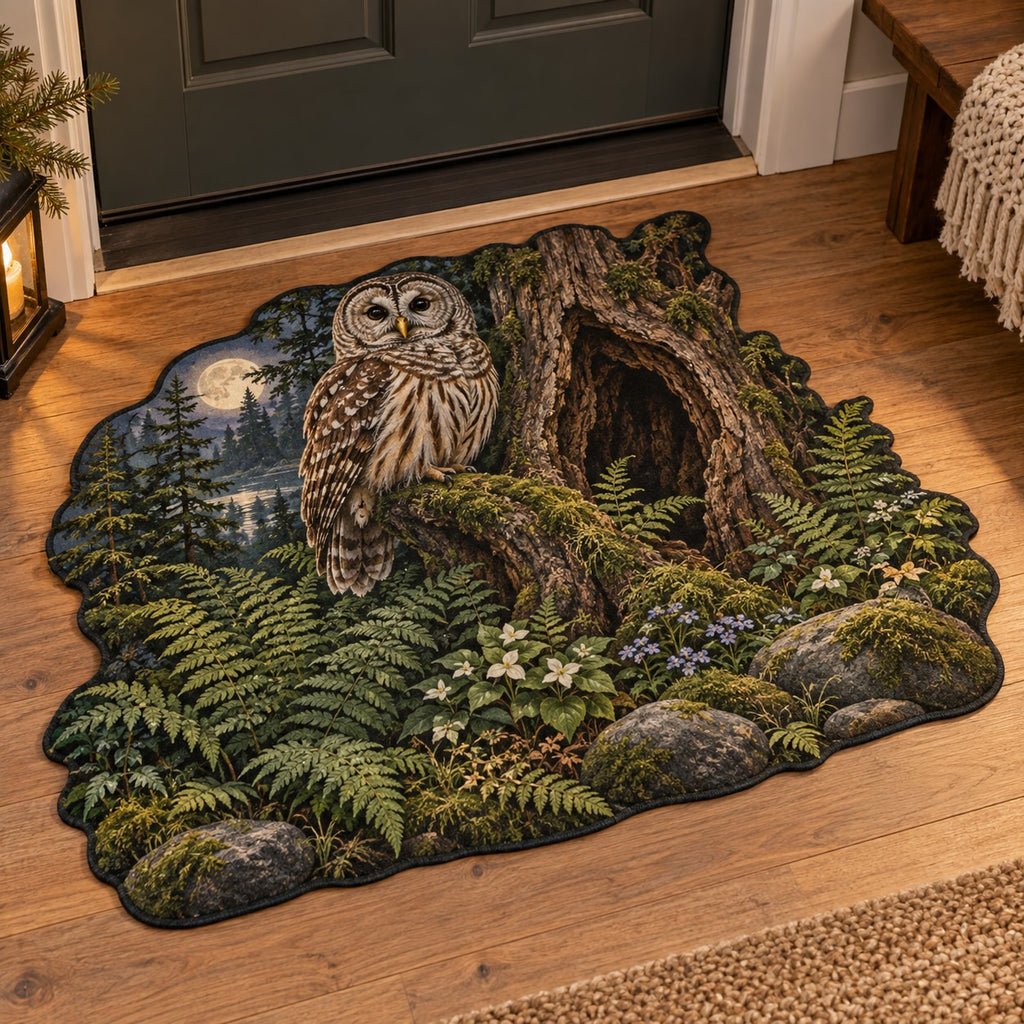 Owl Hollow Custom Shape Mat with dimensional printed themed artwork; representative AI-generated mockup.