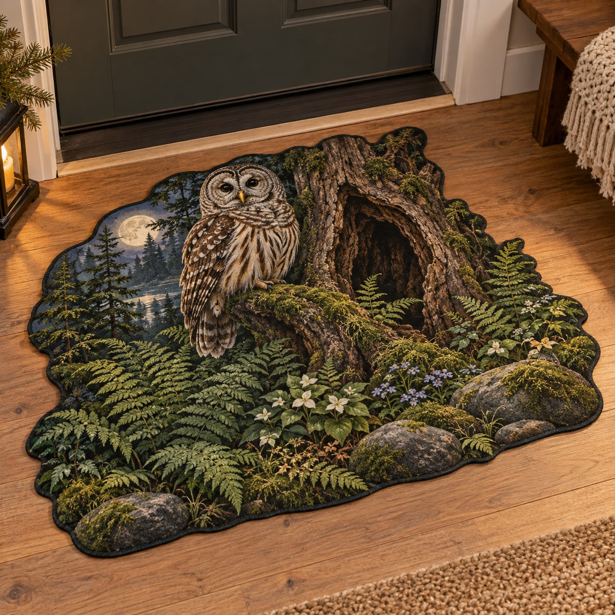 Owl Hollow Custom Shape Mat with dimensional printed themed artwork; representative AI-generated mockup.