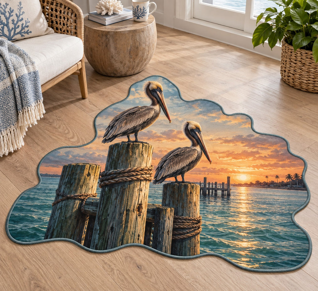 Pelican Dock Custom Shape Mat with dimensional printed themed artwork; representative AI-generated mockup.