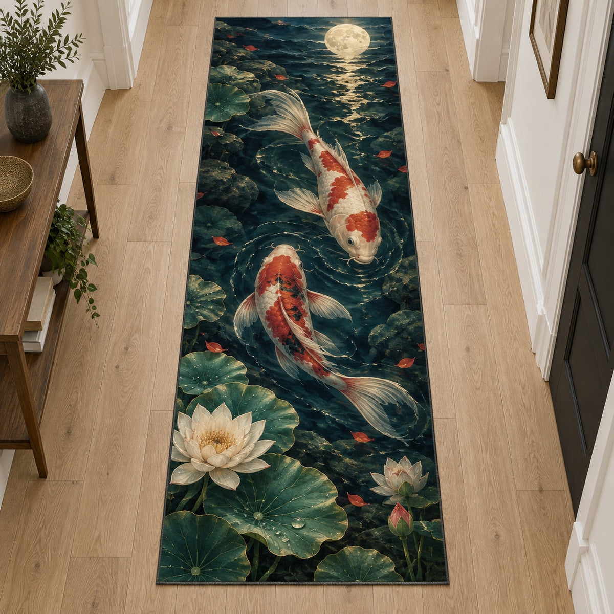 Celestial Koi Runner Rug with dimensional printed themed artwork; representative AI-generated mockup.